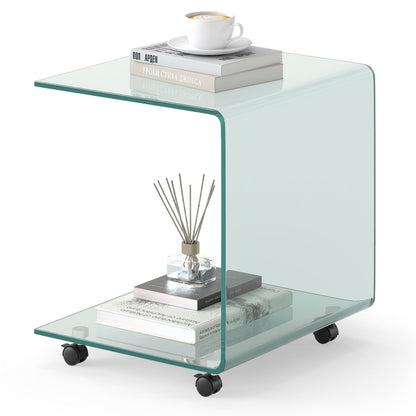 C-Shaped End Table Modern Tempered Glass Side Table with Shelf