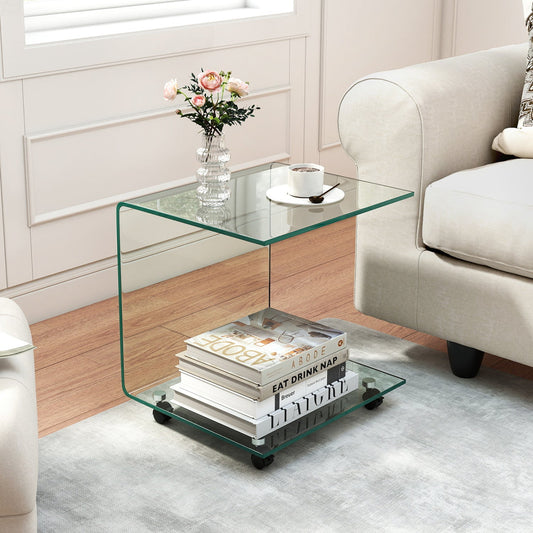 C-Shaped End Table Modern Tempered Glass Side Table with Shelf - Tampa Home & Garden Store