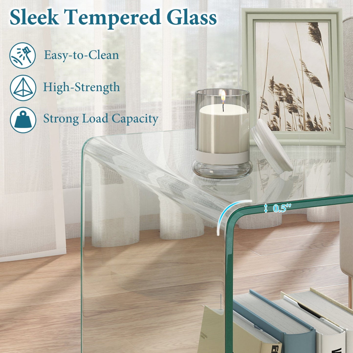 C-Shaped End Table Modern Tempered Glass Side Table with Shelf