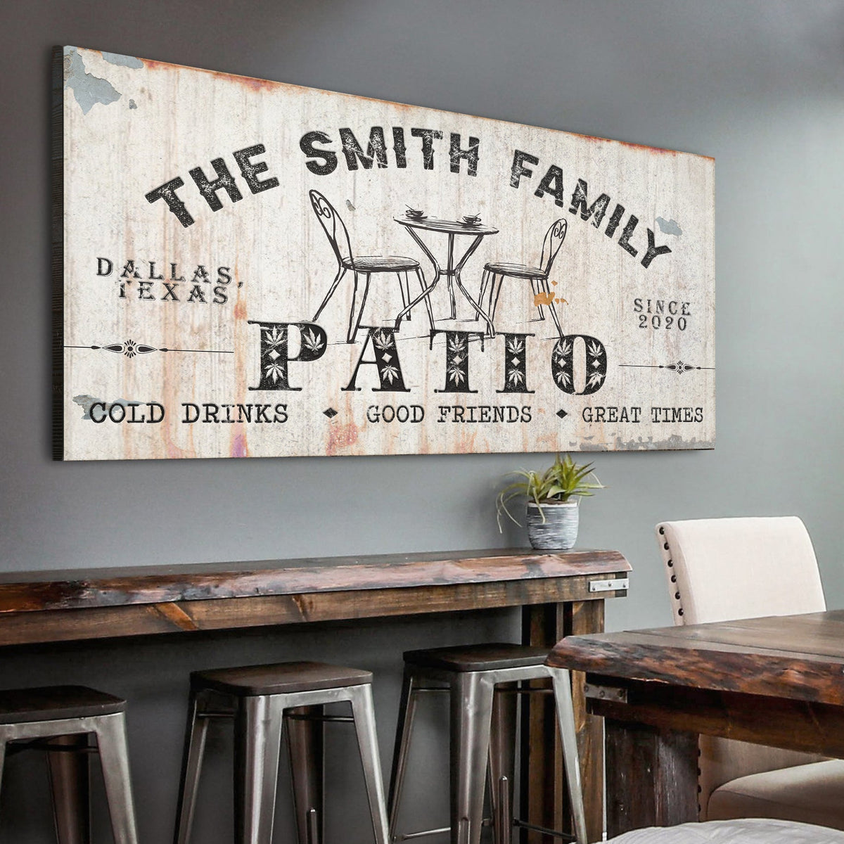Family Patio Sign canvas by Tailored Canvases on rustic wood panel with sketch chairs on Tampa Home & Garden Store