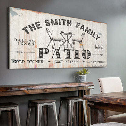 Family Patio Sign canvas by Tailored Canvases on rustic wood panel with sketch chairs on Tampa Home & Garden Store