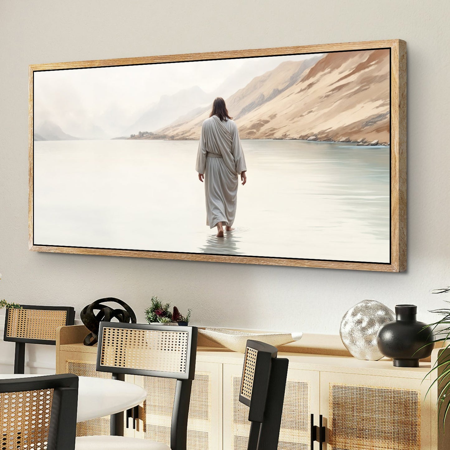 Walking on Water Faith Wall Art XI canvas Tailored Canvases, beige waters with robed figure on Tampa Home & Garden Store