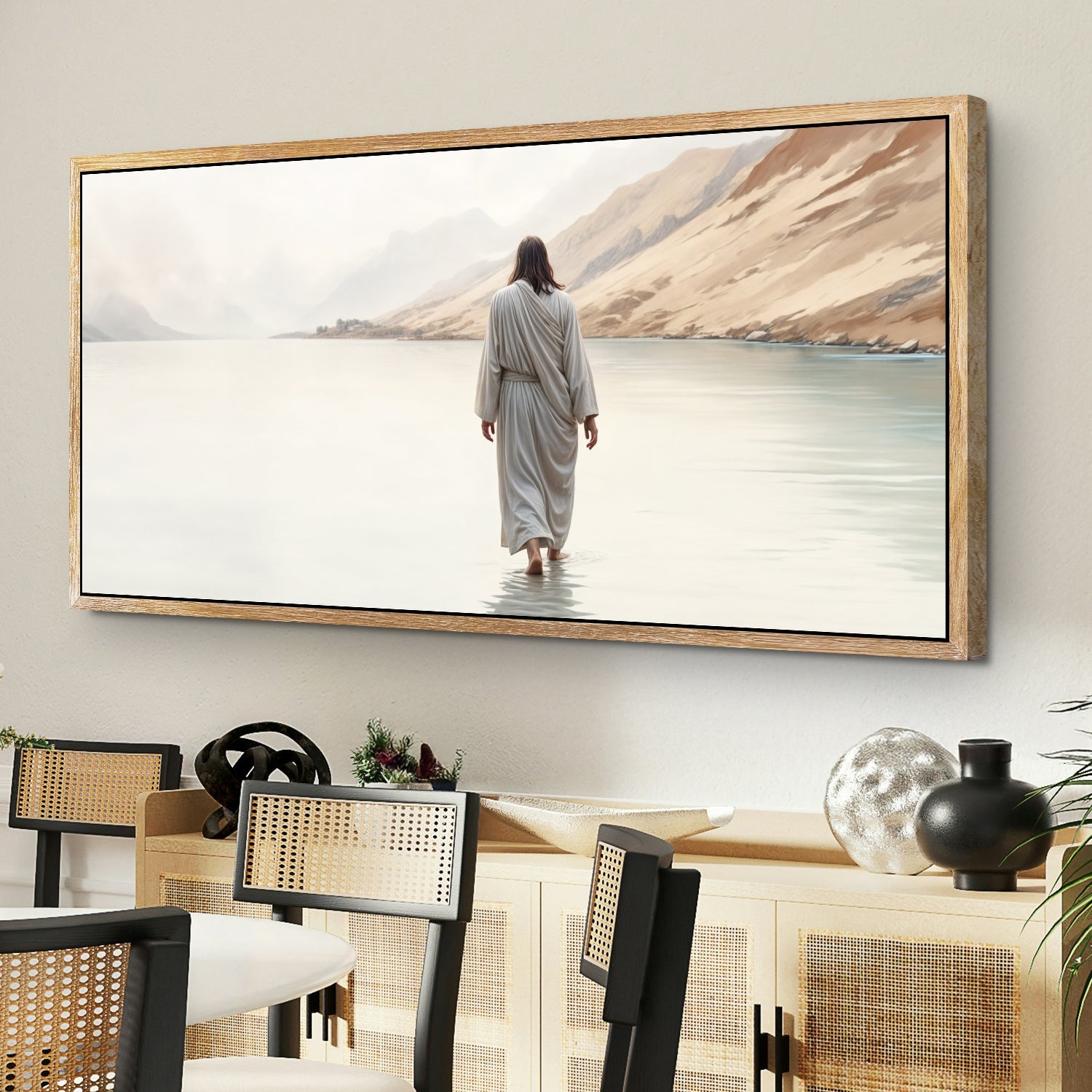 Walking on Water Faith Wall Art XI canvas Tailored Canvases, beige waters with robed figure on Tampa Home & Garden Store