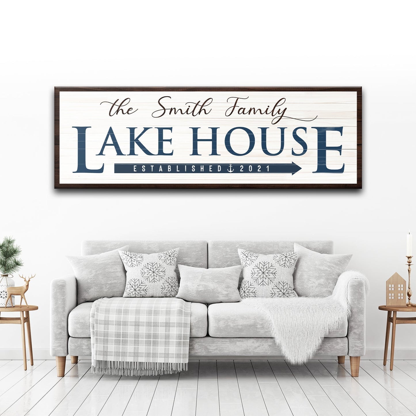 Family Lake House Arrow Sign III canvas wall art navy letters on light wood in a dark frame on Tampa Home & Garden Store