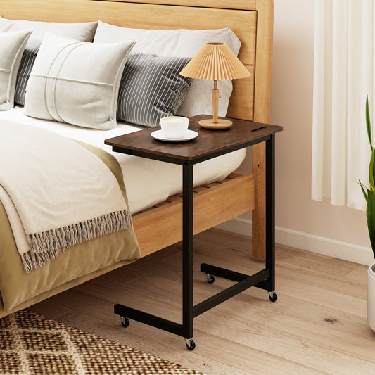 C-shaped End Table with Wheels Mobile Bedside Table with Built-in Phone Slot-Rustic Brown - Tampa Home & Garden Store