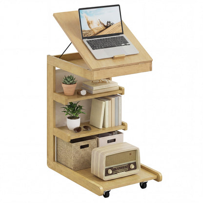 C-shaped End Table with Wheels and Adjustable Desktop for Sofa Couch Bedside