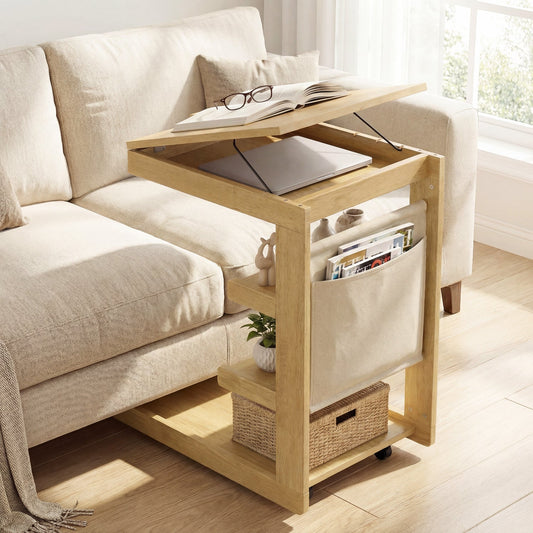 C-shaped End Table with Wheels and Adjustable Desktop for Sofa Couch Bedside - Tampa Home & Garden Store
