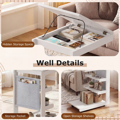 C-shaped End Table with Wheels and Adjustable Desktop for Sofa Couch Bedside