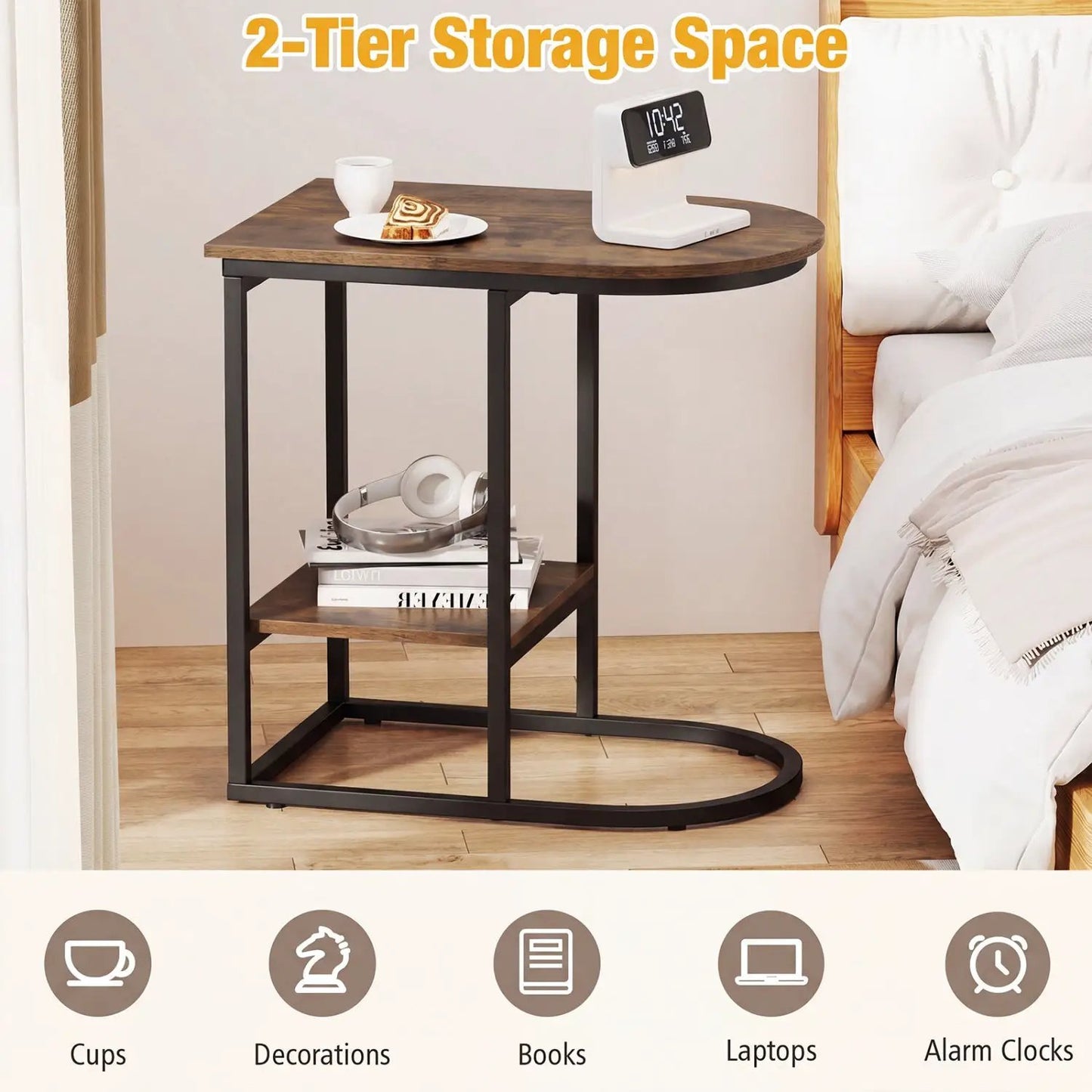 C Shaped Sofa Side Table With Faux Marble Top