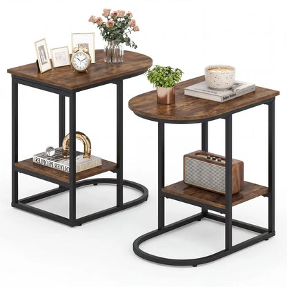 C Shaped Side Table With Marble Top and Storage