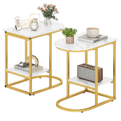 C-shaped side table set with white faux marble tops, gold metal frames, and storage shelves; two nesting tables on Tampa Home & Garden Store