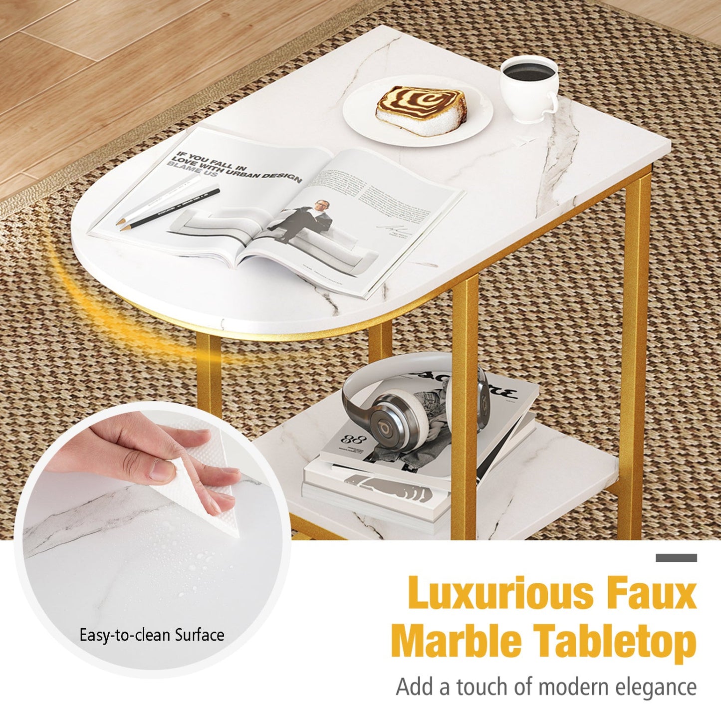 C-Shaped Side Table with Faux Marble Top and Storage Shelf, white top, gold legs on Tampa Home & Garden Store