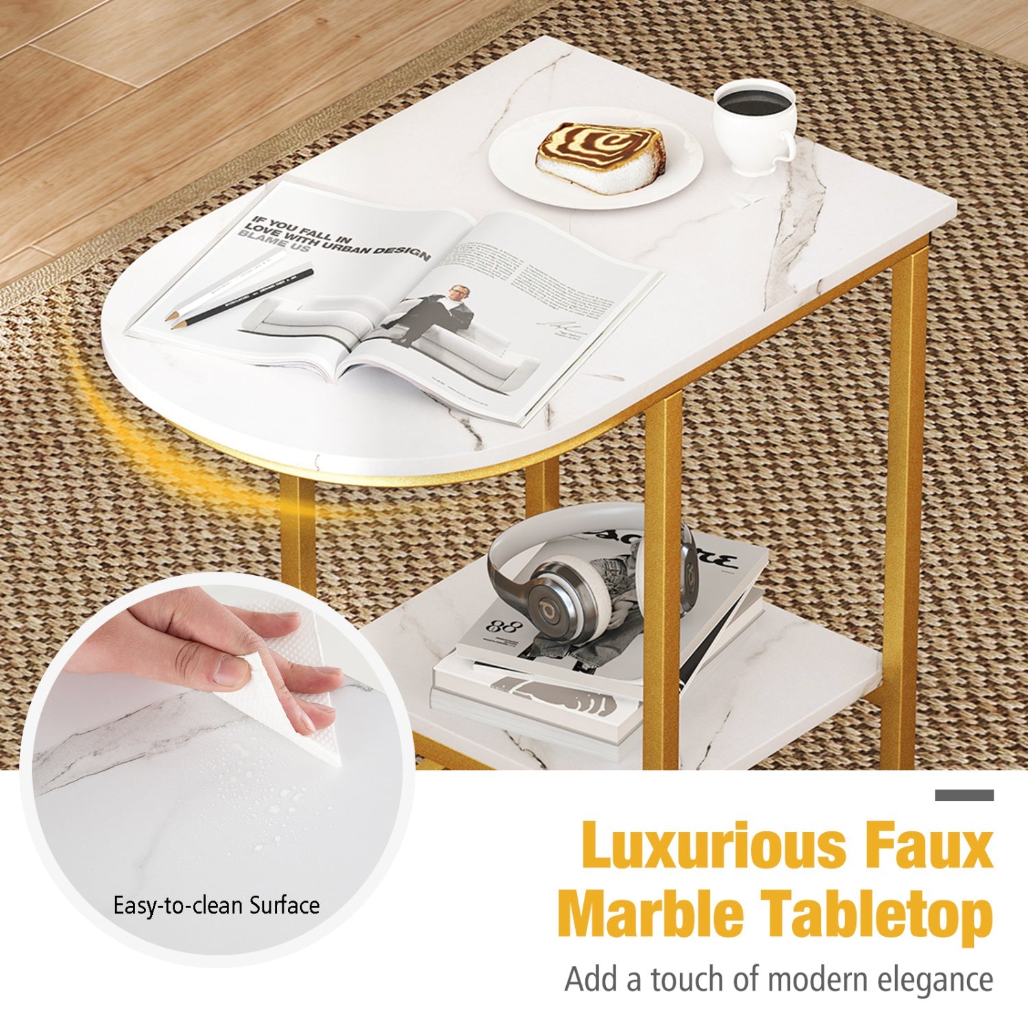 C-Shaped Side Table with Faux Marble Top and Storage Shelf, white top, gold legs on Tampa Home & Garden Store
