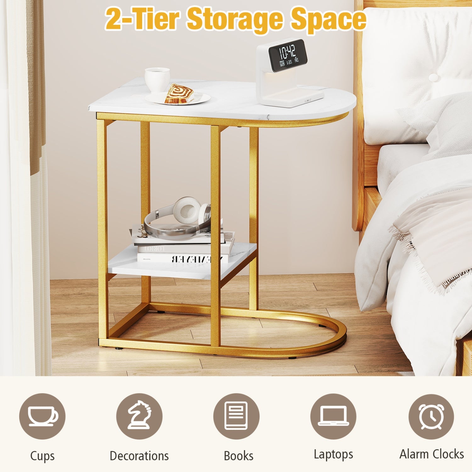 DirectDeals C-Shaped side table with white faux marble top and gold frame, lower shelf on Tampa Home & Garden Store