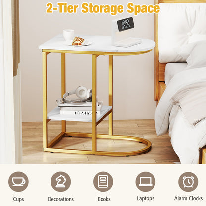 DirectDeals C-Shaped side table with white faux marble top and gold frame, lower shelf on Tampa Home & Garden Store