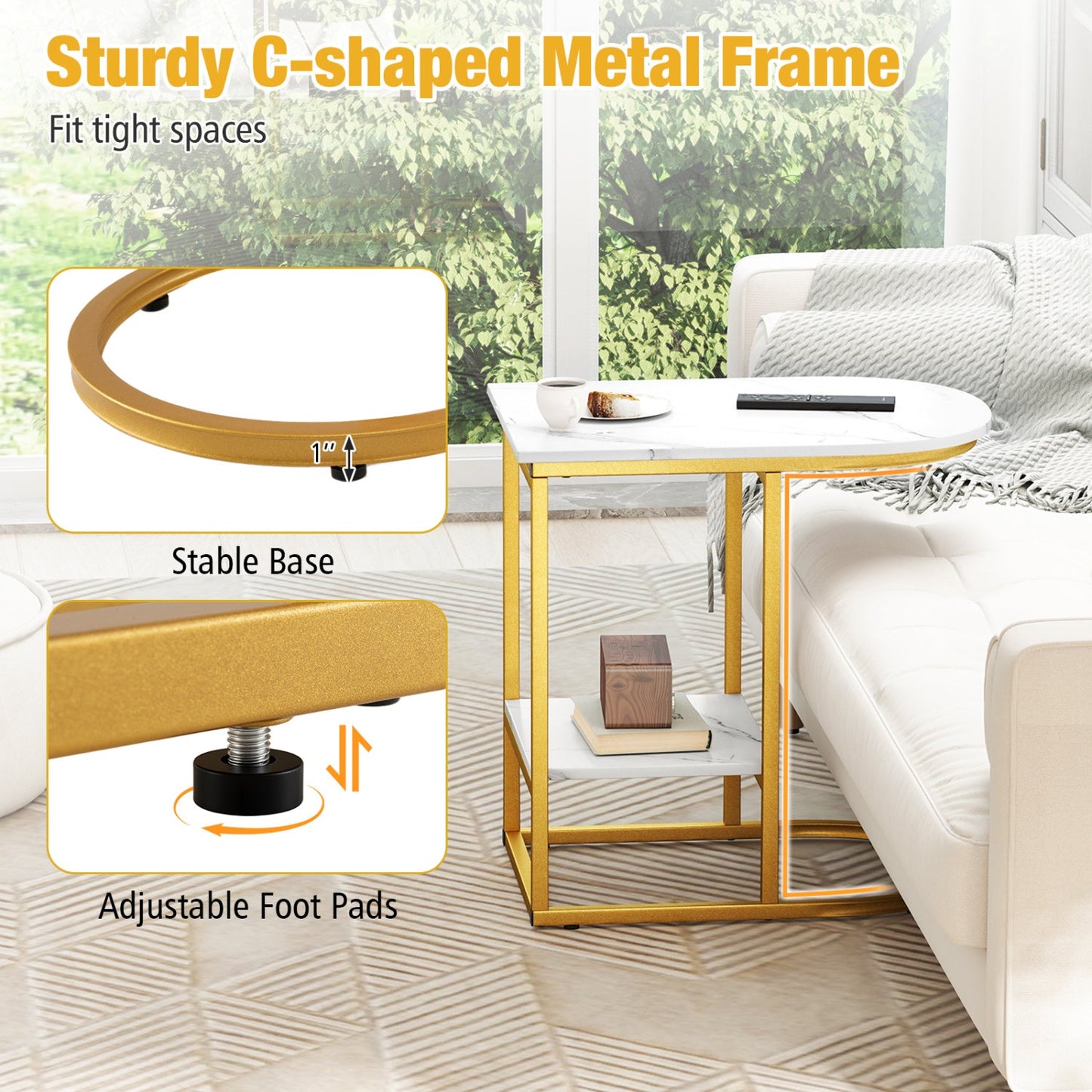C-Shaped Side Table with faux marble top, gold metal frame, storage shelf by DirectDeals on Tampa Home & Garden Store