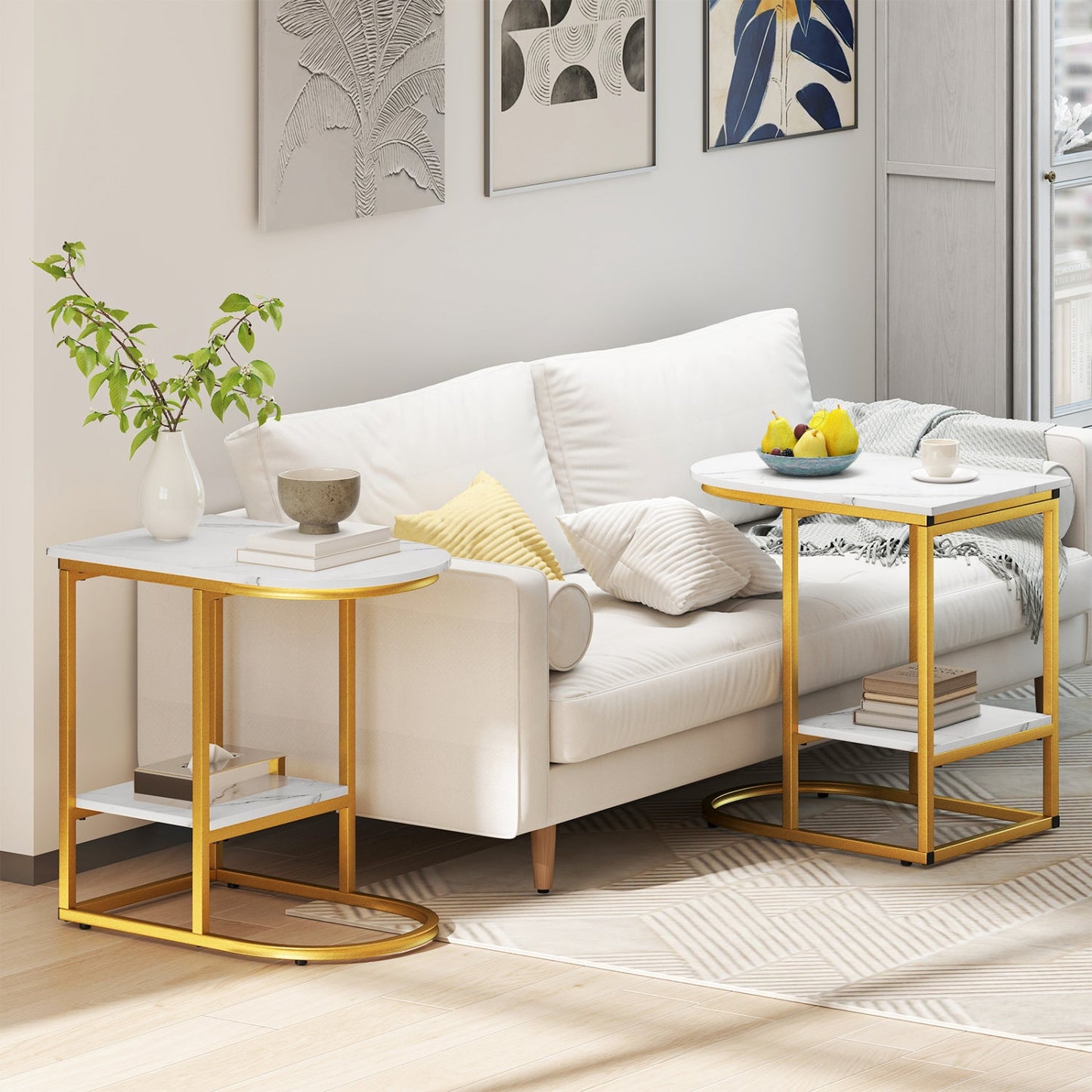 DirectDeals C-shaped side table duo with faux marble tops, gold frames, and storage shelves on Tampa Home & Garden Store