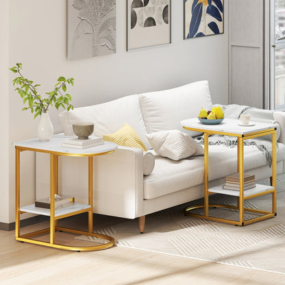 DirectDeals C-shaped side table duo with faux marble tops, gold frames, and storage shelves on Tampa Home & Garden Store