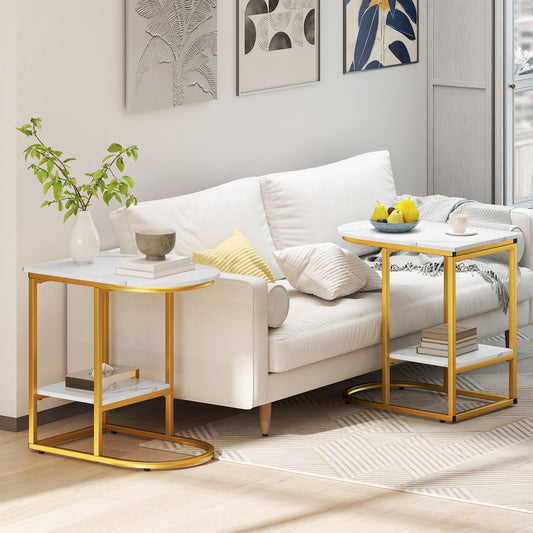 DirectDeals C-shaped side table duo with faux marble tops, gold frames, and storage shelves on Tampa Home & Garden Store