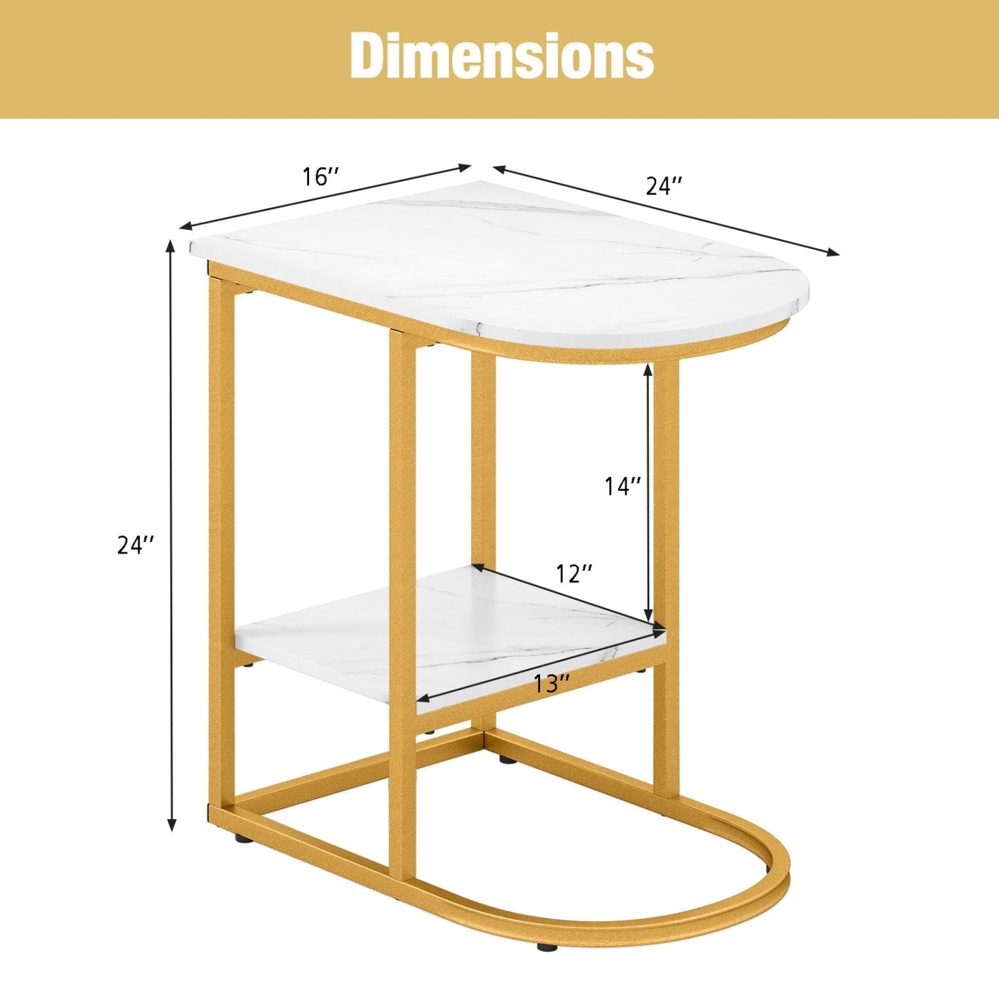 C-Shaped Side Table with faux marble top, gold metal frame and storage shelf by DirectDeals on Tampa Home & Garden Store