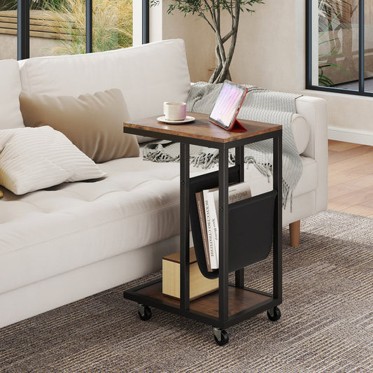 C-shaped Side Table with Canvas Storage Pouch and Metal Frame-Borwn - Tampa Home & Garden Store