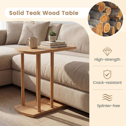 Narrow 2-Tier C-shaped Teak Wood Side Table with Thickened Top and Sturdy Base