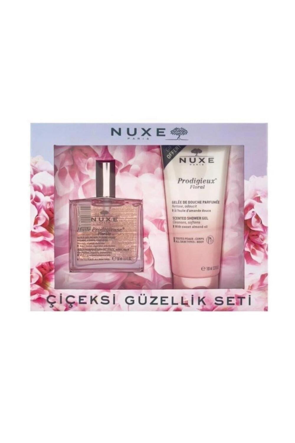 Nuxe Prodigieux Floral gift set with shower gel and Huile Prodigieuse in pink floral box on Tampa Home & Garden Store