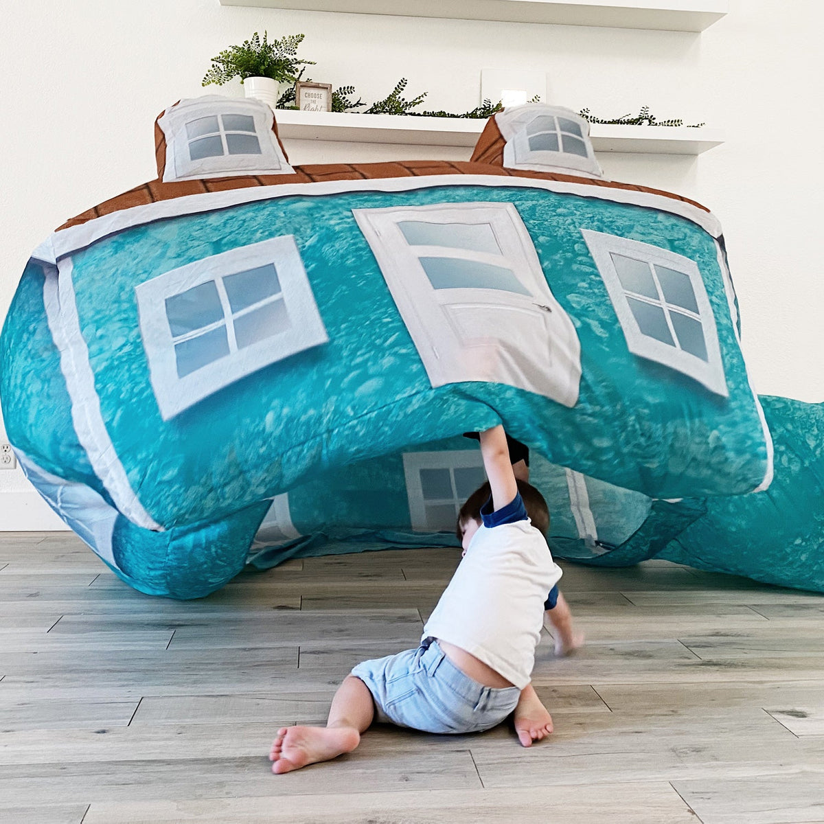AirFort cabin inflatable play fort teal blue with white window panels playhouse AirFort.com on Tampa Home & Garden Store