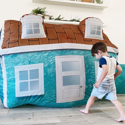AirFort Cabin inflatable kids play fort with brick roof print and turquoise walls with windows on Tampa Home & Garden Store