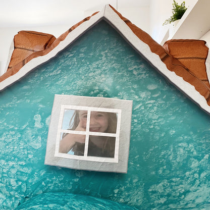 AirFort Cabin inflatable play fort with teal walls and white window frame panel by AirFort.com on Tampa Home & Garden Store