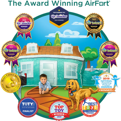 AirFort Cabin Inflatable Kids Play Fort turquoise cabin with windows backdrop on Tampa Home & Garden Store