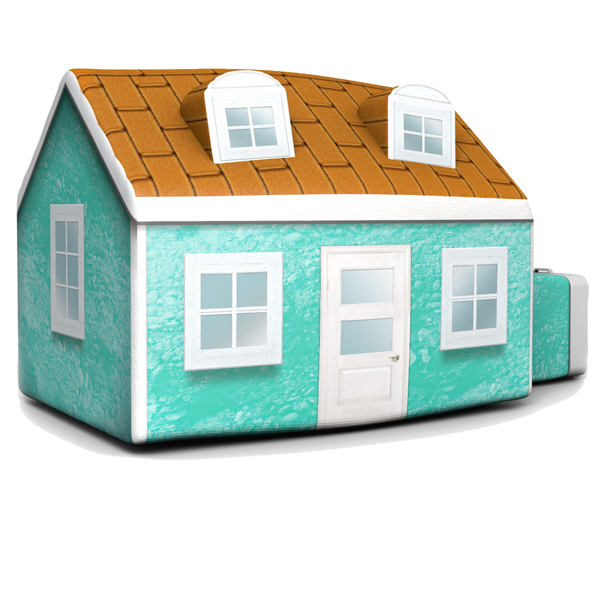 AirFort Cabin inflatable playhouse teal with white trim and orange roof on Tampa Home & Garden Store
