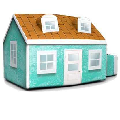 AirFort Cabin inflatable playhouse teal with white trim and orange roof on Tampa Home & Garden Store