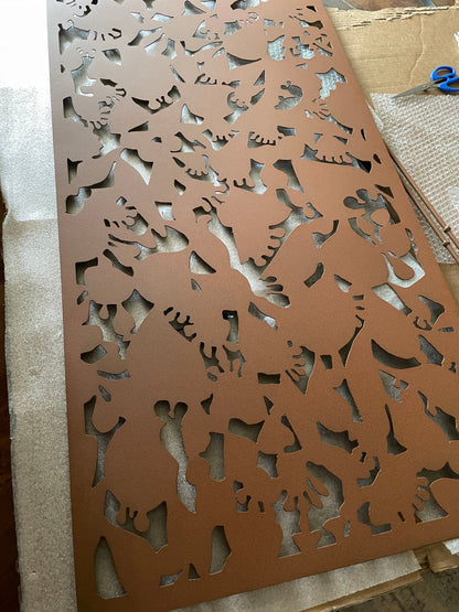 Outdoor privacy screen metal sculpture in rust with bird silhouettes by Rustica Ornamentals on Tampa Home & Garden Store