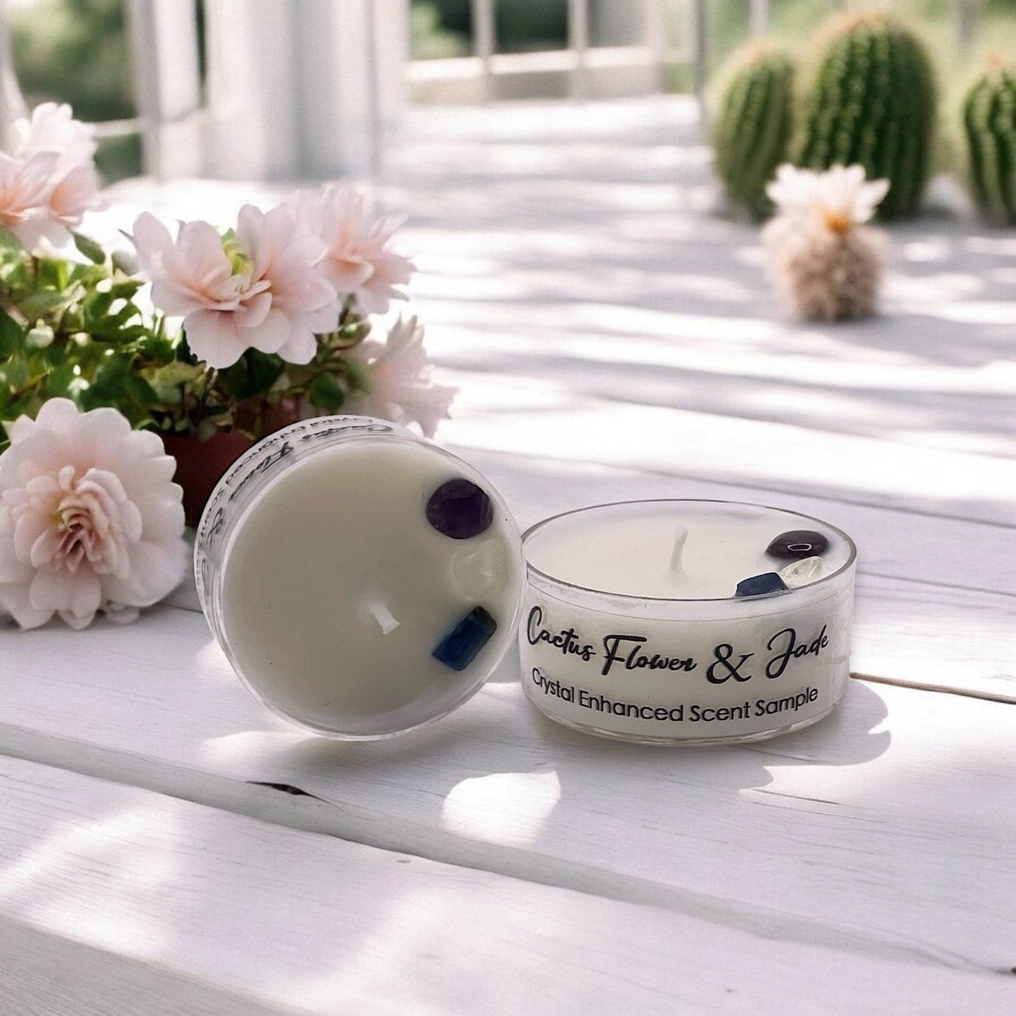 Cactus Flower and Jade, Premium Coconut-Soy Wax Tea Light Crystal Candle, 1oz - Tampa Home & Garden Store