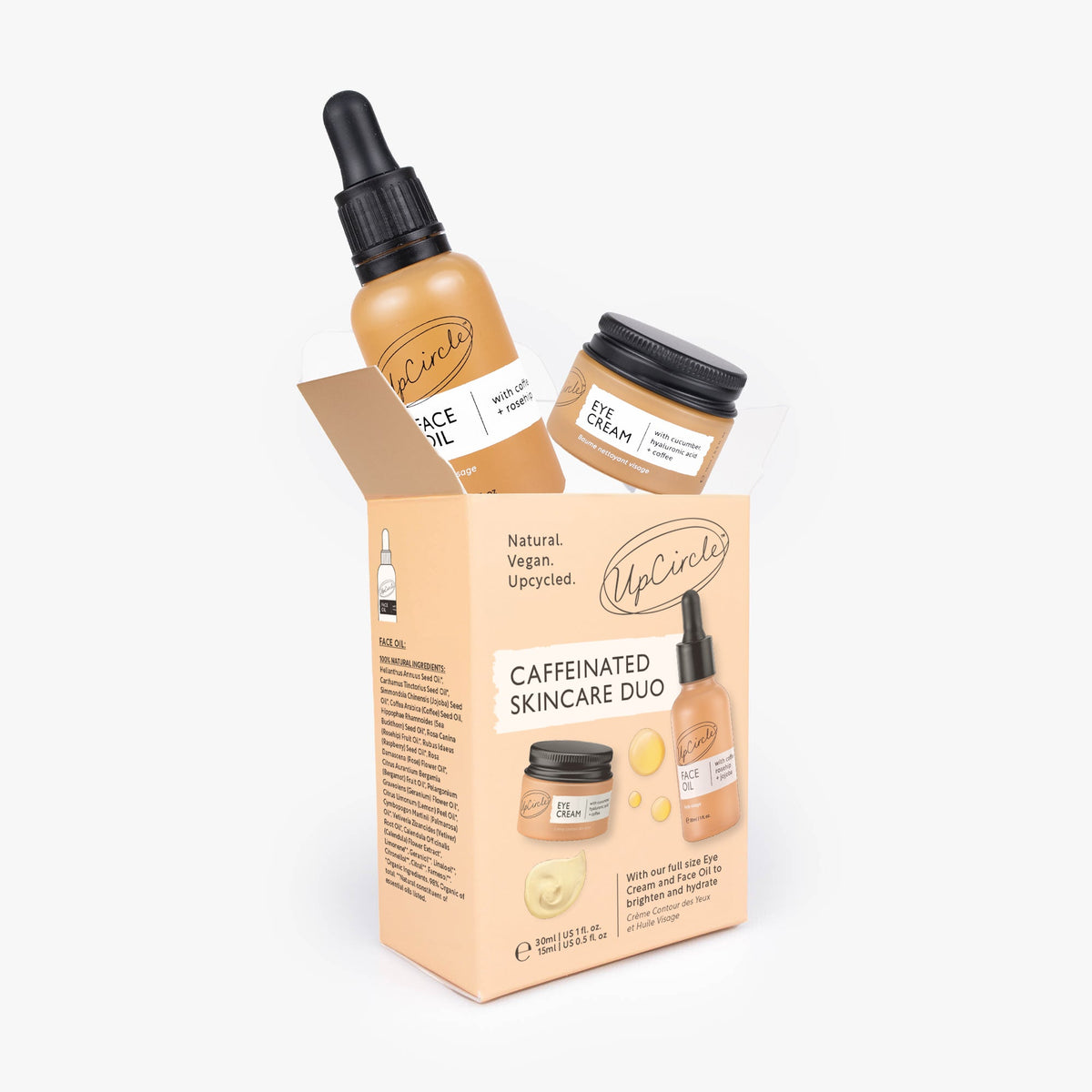 UpCircle The Caffeinated Duo skincare set with face oil and eye cream in peach box on Tampa Home & Garden Store