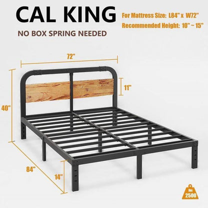 California King Heavy Duty Black Metal Bed Frame with Wood Panel Headboard - Tampa Home & Garden Store