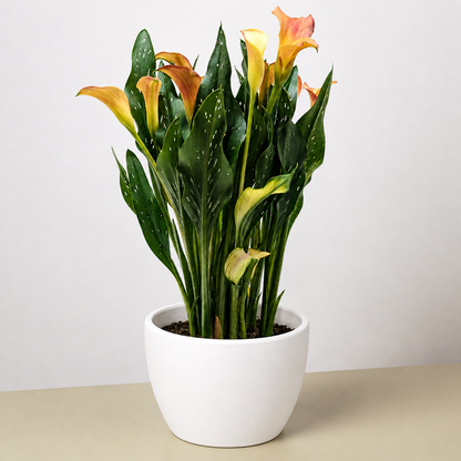 Calla Lily 6in plant duo in white pot with spotted leaves and blooms House Plant Shop on Tampa Home & Garden Store