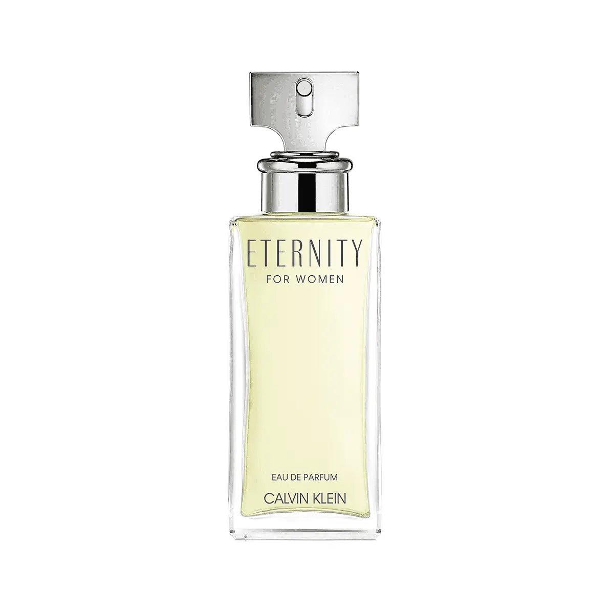 Calvin Klein Eternity For Women EDP bottle, clear glass, pale yellow liquid, silver cap on Tampa Home & Garden Store