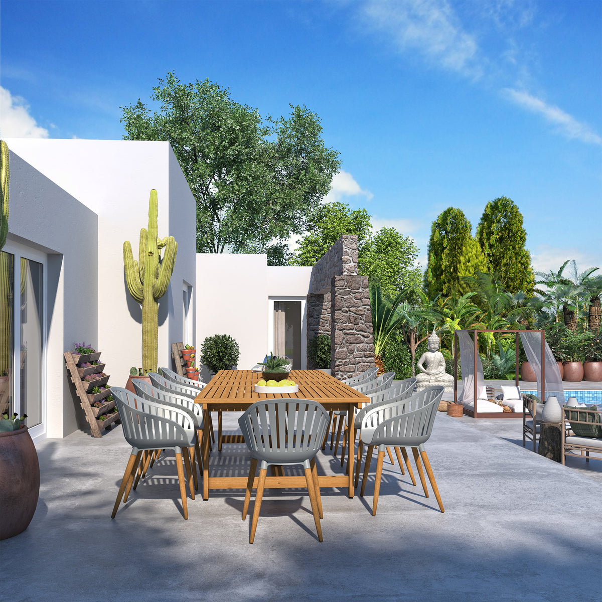 Leyland Table and Nassau Grey Armchairs dining set wooden outdoor patio furniture on Tampa Home & Garden Store