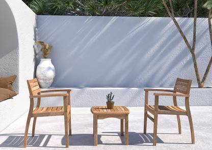 Intan teak side table and 2 Ninia chairs in a wood outdoor balcony set LifestyleGarden US on Tampa Home & Garden Store