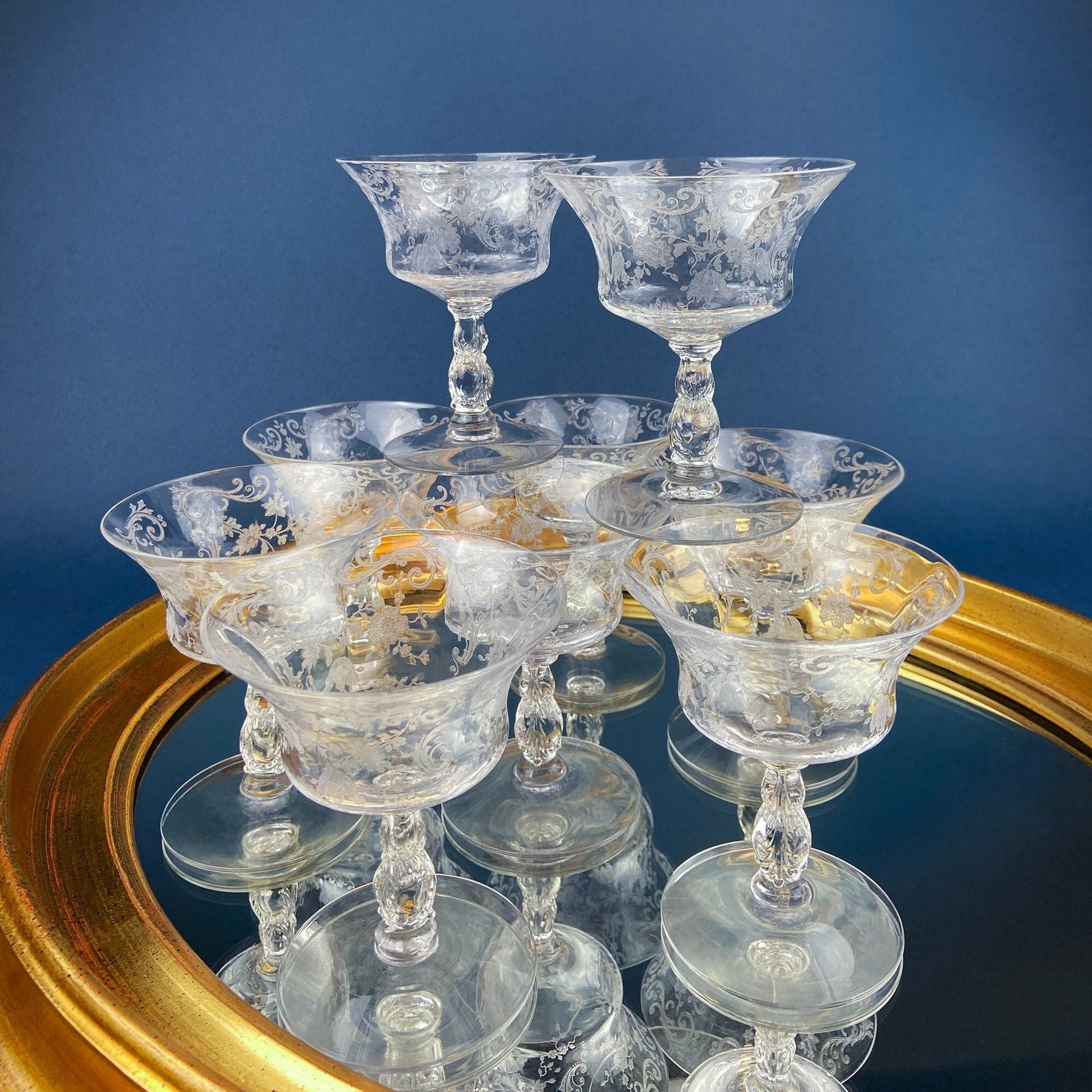 Cambridge Chantilly Low Sherbet Wine Glasses. Set of Nine Champagne Stemware. Vintage Collectible Glasses. - Tampa Home & Garden Store
