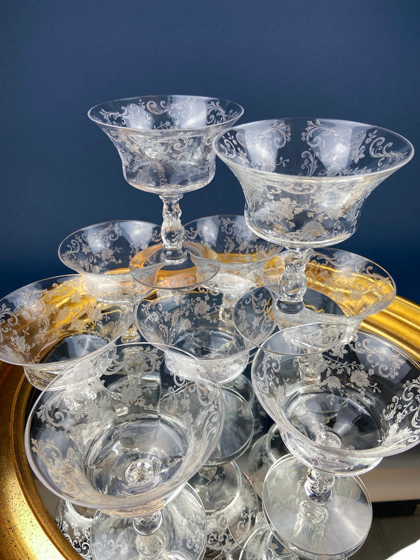 Cambridge Chantilly Low Sherbet Wine Glasses. Set of Nine Champagne Stemware. Vintage Collectible Glasses. - Tampa Home & Garden Store