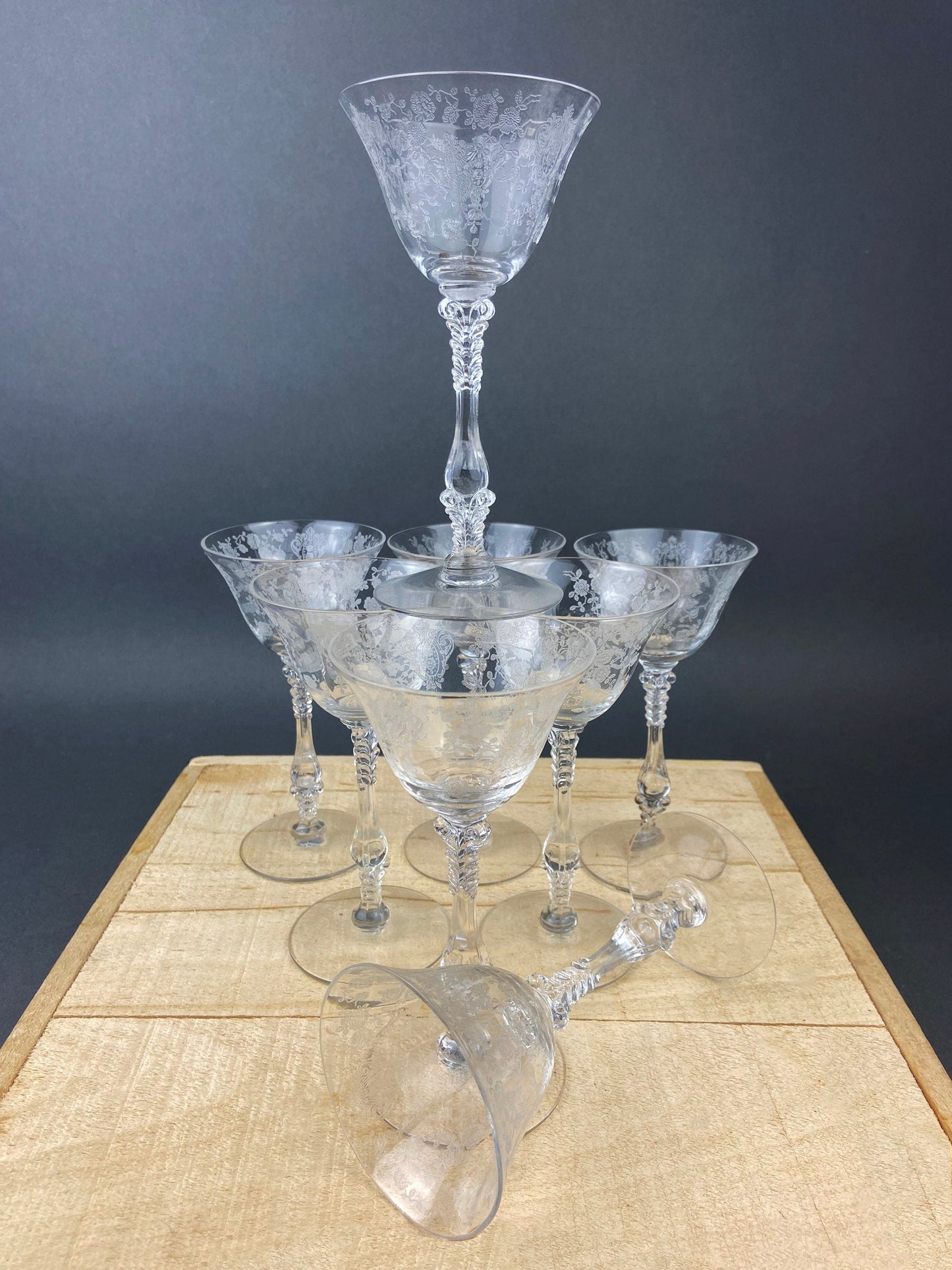 Cambridge Crystal Claret Wine Glasses. Rosepoint Motif. Eight Etched Floral Motif Crystal Glassware. Fine Dining. Holiday, Everyday Stemware - Tampa Home & Garden Store