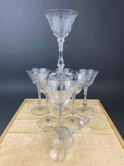 Cambridge Crystal Claret Wine Glasses. Rosepoint Motif. Eight Etched Floral Motif Crystal Glassware. Fine Dining. Holiday, Everyday Stemware - Tampa Home & Garden Store