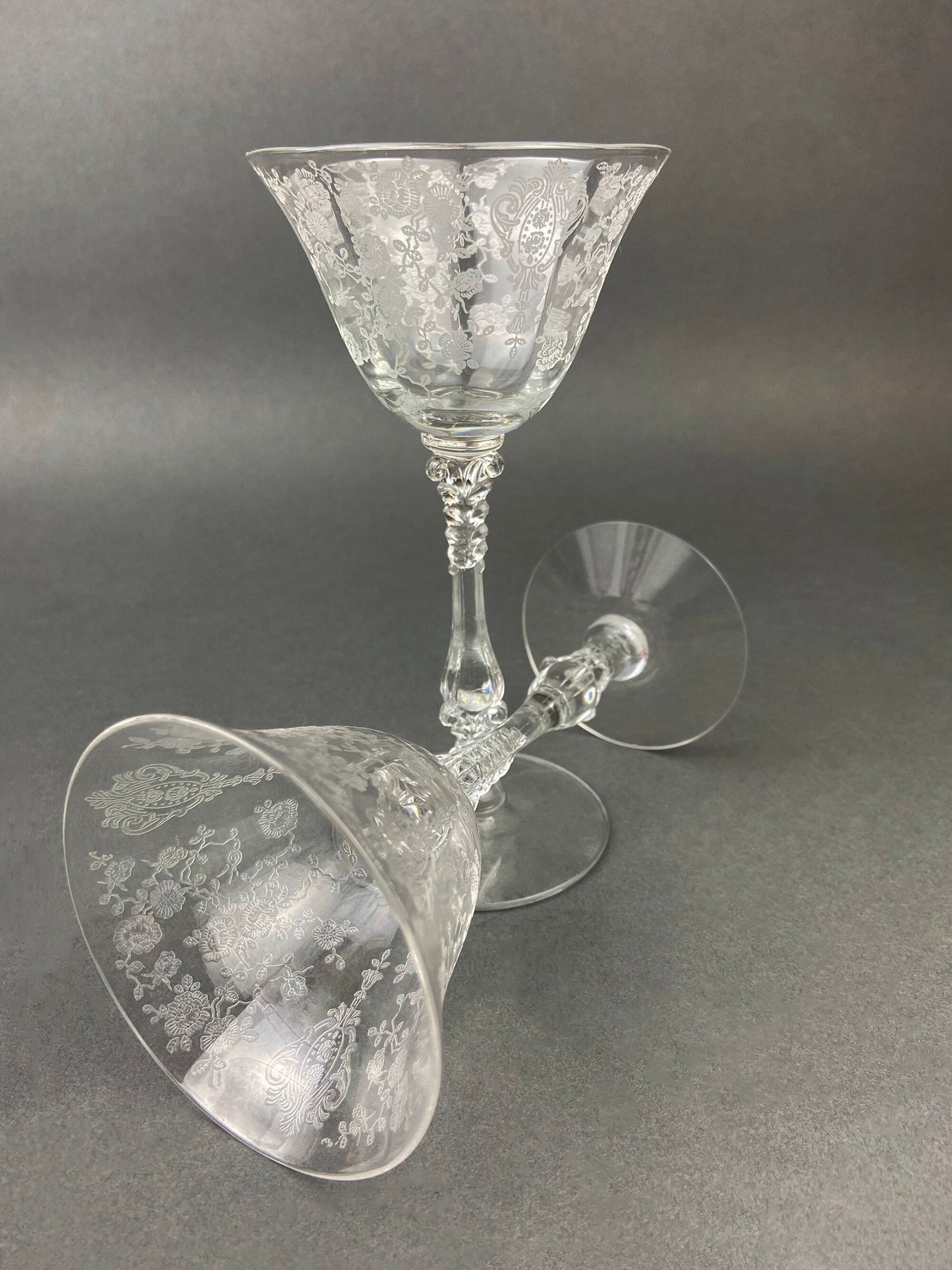 Cambridge Crystal Claret Wine Glasses. Rosepoint Motif. Eight Etched Floral Motif Crystal Glassware. Fine Dining. Holiday, Everyday Stemware - Tampa Home & Garden Store