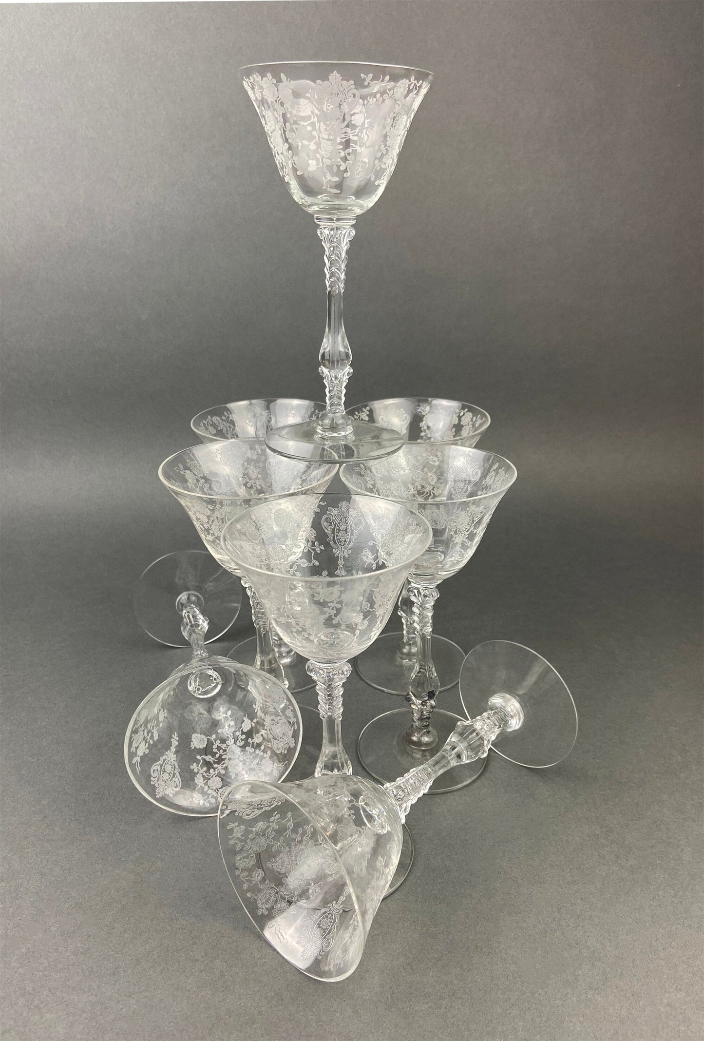 Cambridge Crystal Claret Wine Glasses. Rosepoint Motif. Eight Etched Floral Motif Crystal Glassware. Fine Dining. Holiday, Everyday Stemware - Tampa Home & Garden Store