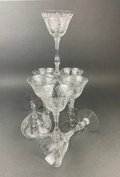 Cambridge Crystal Claret Wine Glasses. Rosepoint Motif. Eight Etched Floral Motif Crystal Glassware. Fine Dining. Holiday, Everyday Stemware - Tampa Home & Garden Store