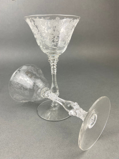 Cambridge Crystal Claret Wine Glasses. Rosepoint Motif. Eight Etched Floral Motif Crystal Glassware. Fine Dining. Holiday, Everyday Stemware - Tampa Home & Garden Store