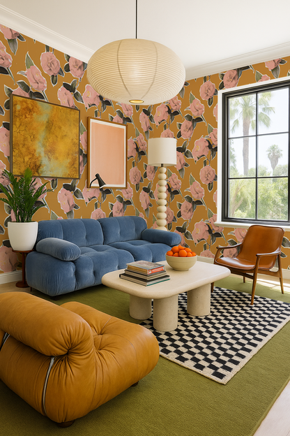 Camellia Wallpaper, mustard - Tampa Home & Garden Store